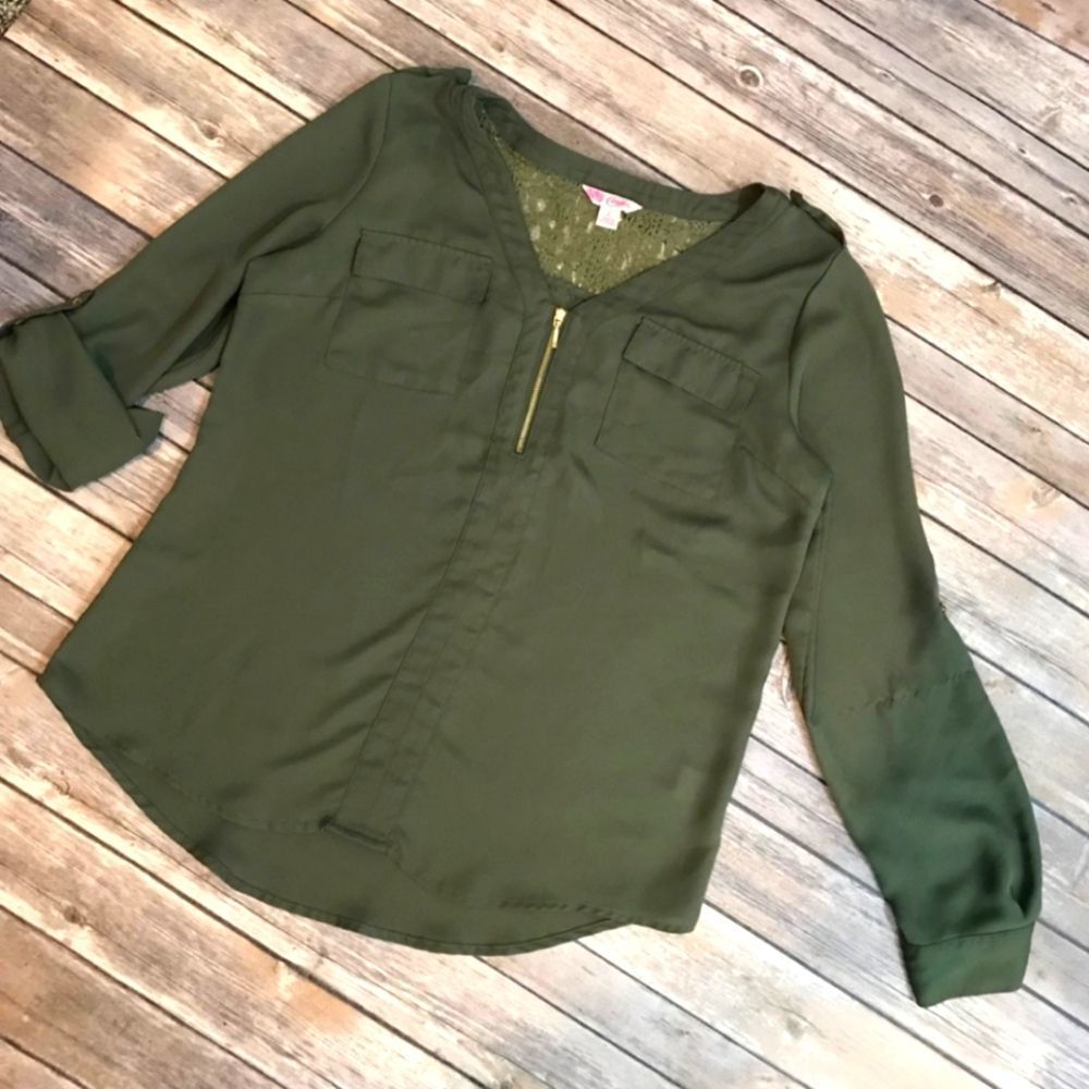 Candies Olive Green Pullover Blouse with Lace